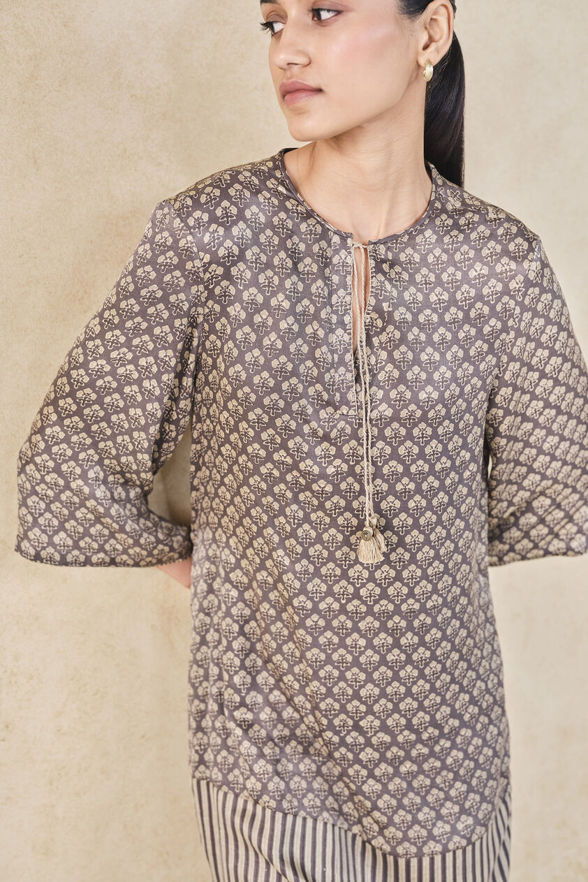 Bay Handcrafted Ajrakh Silk Co-ord - Grey, Grey, image 5